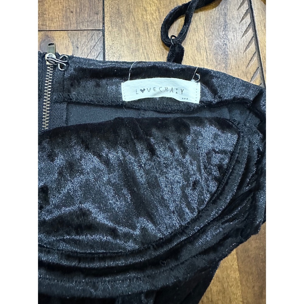 Love Crazy Corset Crop Top Womens Small Black Excellent Velvet Bustier Zip Back - Picture 2 of 8